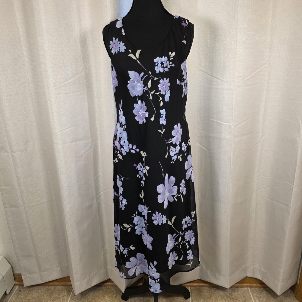 Studio I Petite Floral Midi Dress Size 12P Black Purple Flowy